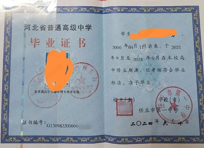 新郑任丘市第一中学高中毕业证样本图片